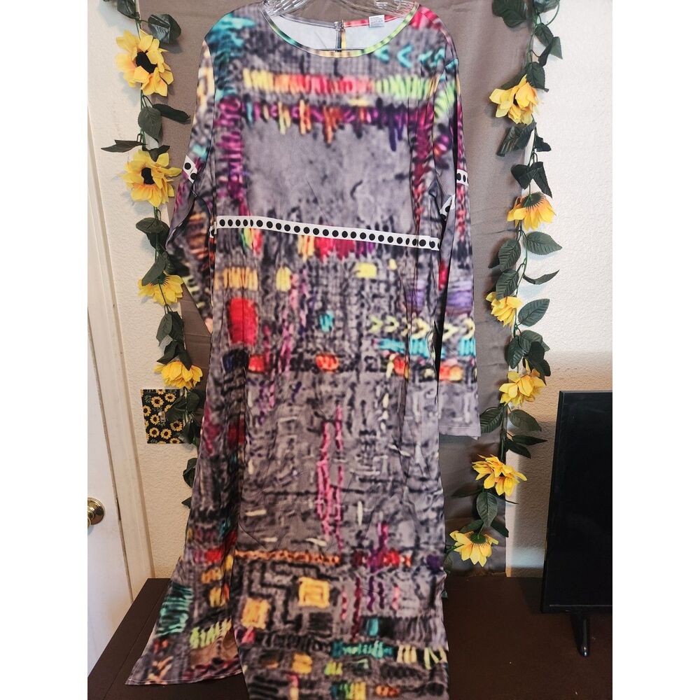 Women's Abstract Print Long Sleeve Maxi Dress Multi-Color Crewneck Plus Size 3XL
